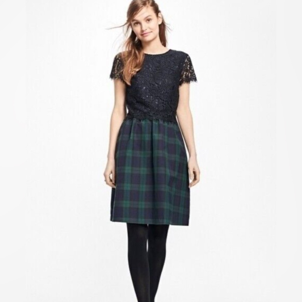 $228 Brooks Brothers Lace Plaid Navy & Green Dress Sz 6